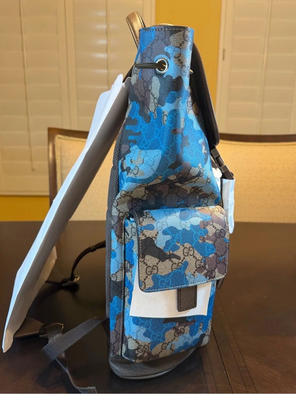 New Authentic Gucci GG Supreme Logo Blue Camo Backpack Tan Size Large